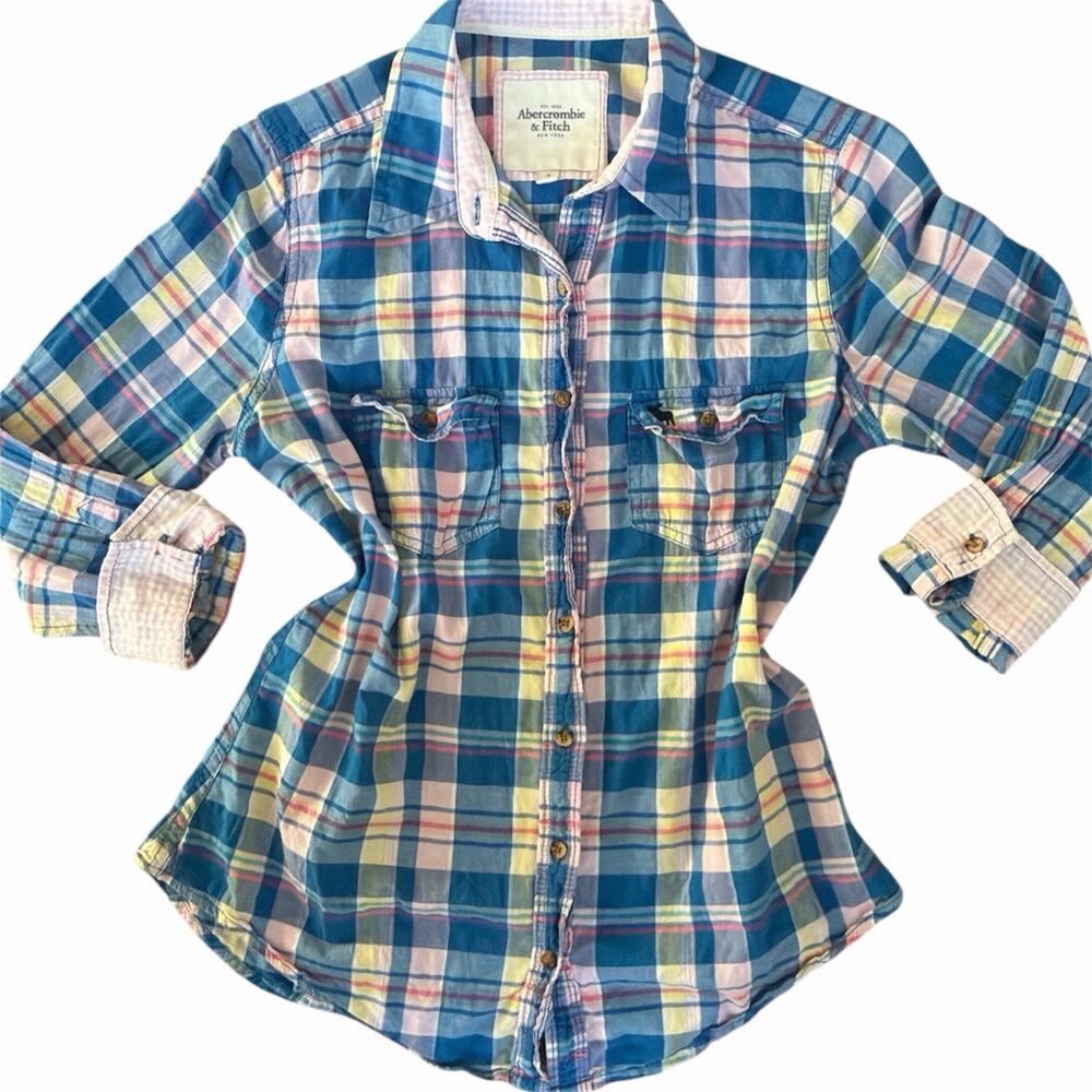 Abercrombie & Fitch Vintage Y2K Blue Plaid Button Up Shirt 3/4 Sleeves Size S